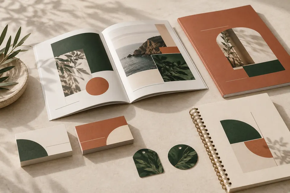 Illustrative open booklet, softcover catalog, spiral workbook, and printed cards on a neutral table