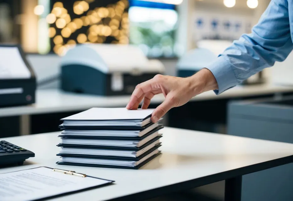 A hand arranging a stack of dark bound reference books on a worktable